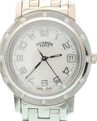 Hermes Watch 12 Diamond Stones Silver Tone Stainless Auth 18908a
