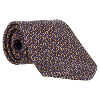 Pre-owned Hermes Wavy Chain Pattern Silk Tie In Black