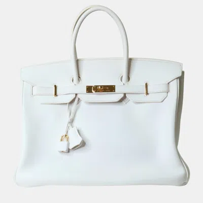 Pre-owned Hermes White Clemence Leather Birkin 35 Bag