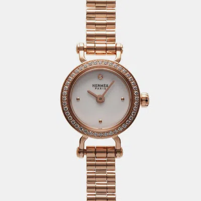 Pre-owned Hermes White Diamond 18k Rose Gold Faubourg Quartz Women's Wristwatch 15 Mm