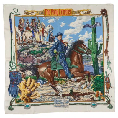 Pre-owned Hermes Hermès White Green Pony Express Scarf