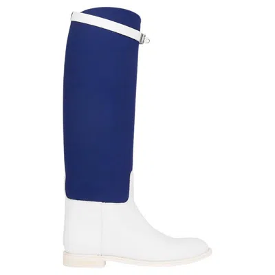 Pre-owned Hermes White Leather & Blue Canvas Ltd Ed Jumping Knee High Flat Boots Shoes 38