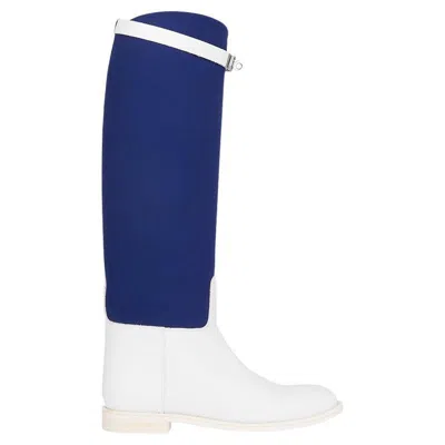 Pre-owned Hermes White Leather & Blue Canvas Ltd Ed Jumping Knee High Flat Boots Shoes 40