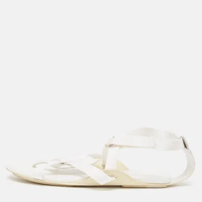 Pre-owned Hermes White Leather And Fabric Strappy Flat Sandals Size 38.5