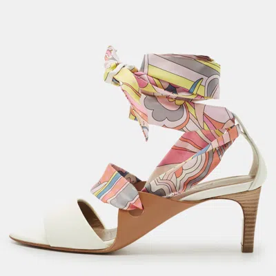 Pre-owned Hermes White Leather Ankle Wrap Silk Sandals Size 37.5
