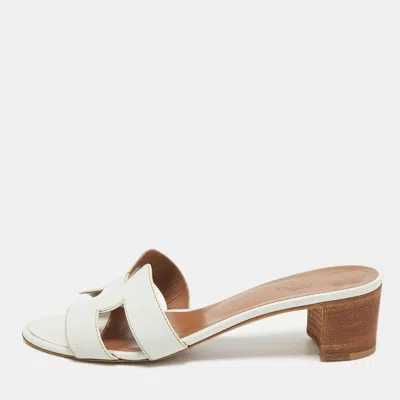 Pre-owned Hermes White Leather Oasis Slide Sandals Size 37.5