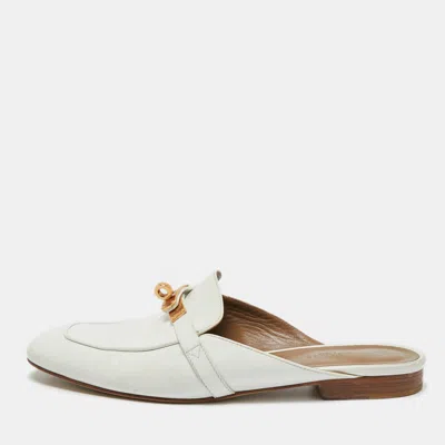 Pre-owned Hermes White Leather Palladium Plated oz Mule Sandals Size 39