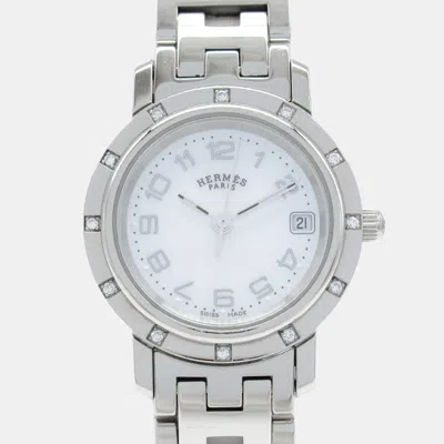 Pre-owned Hermes White Stainless Steel Shell Clipper Nacle Diamond Bezel Watch