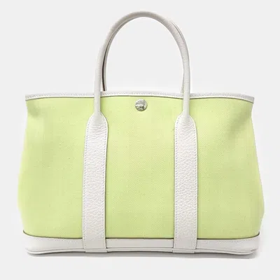 Pre-owned Hermes White Yellow Canvas And Leather Garden Party 30 Bag
