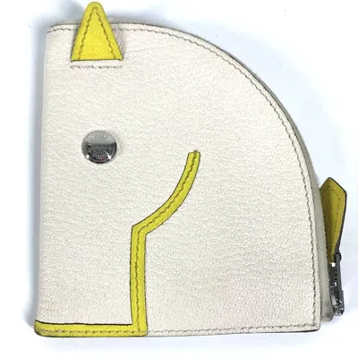 Pre-owned Hermes White Yellow Chevre Leather Coin Purse/coin Case ()