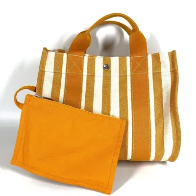 Pre-owned Hermes White Yellow Cotton Handbag Pouch Tote Bag ()