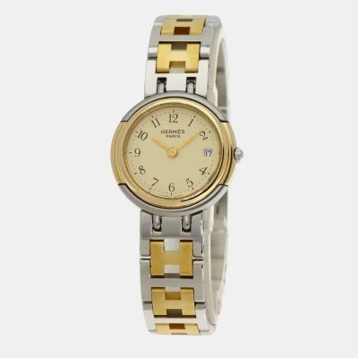 Pre-owned Hermes White Yellow Gold Plated Stainless Steel Windsor Quartz Women's Wristwatch 24 Mm