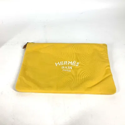 Pre-owned Hermes White Yellow Polyamide Clutch Bag Pouch () In White, Yellow