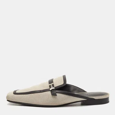 Pre-owned Hermes White/black Canvas And Leather Groupie Mules Size 39 In Grey
