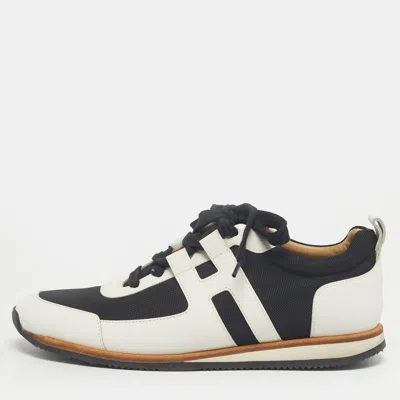 Pre-owned Hermes White/black Canvas And Leather Tie Break Lace Up Sneakers Size 42