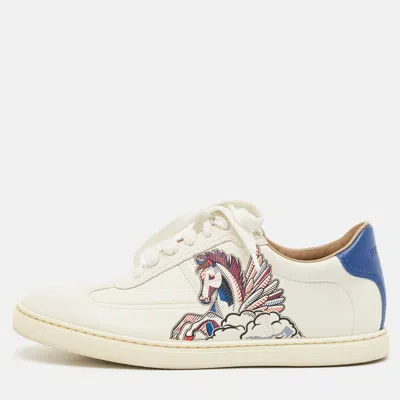 Pre-owned Hermes White/blue Leather Quicker Lace Up Sneakers Size 37