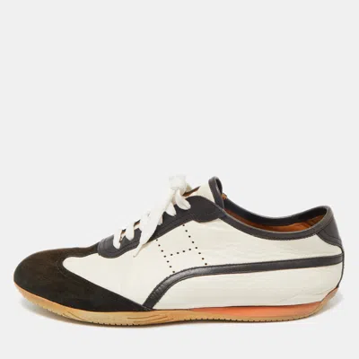 Pre-owned Hermes White/brown Leather And Suede Low Top Trainers Size 45