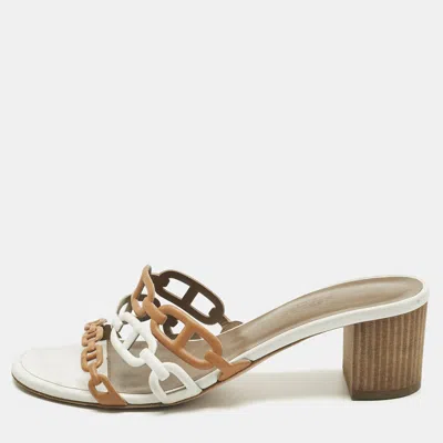 Pre-owned Hermes White/brown Leather Tandem Slide Sandals Size 37.5