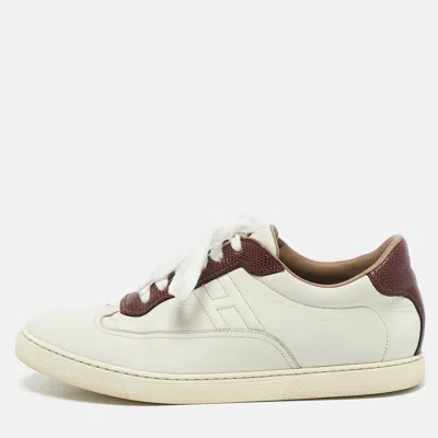 Pre-owned Hermes White/burgundy Leather And Lizard Quicker Low Top Trainers Size 40