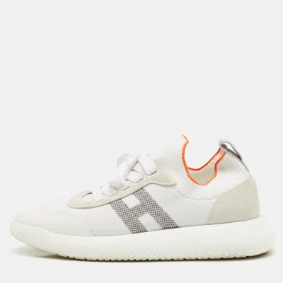 Pre-owned Hermes White/grey Knit Fabric Crew Sneakers Size 37