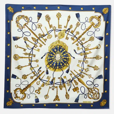 Pre-owned Hermes Hermès White/navy Blue Les Cles Silk Scarf
