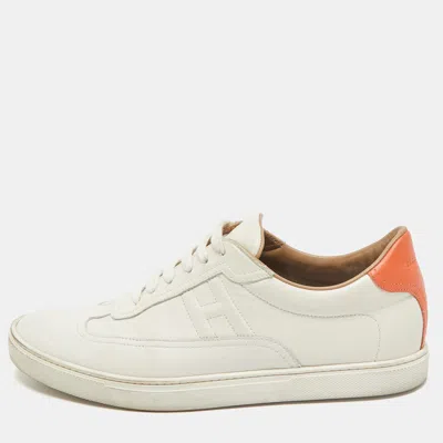 Pre-owned Hermes White/orange Leather Quicker Low-top Sneakers Size 41.5