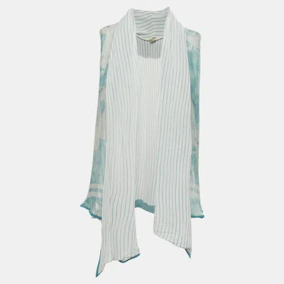Pre-owned Hermes White/turquoise Stripe Printed Knit And Silk Open Front Top M