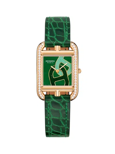 Pre-owned Hermes Women's Cape Cod Anchor Chain 18k Rose Gold, Nephrite Jade & Alligator-strap Watch/31mm