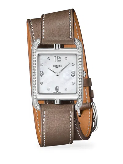Pre-owned Hermes Women's Cape Cod Stainless Steel, 0.61 Tcw Diamond & Leather Strap Watch/29mm In Blue