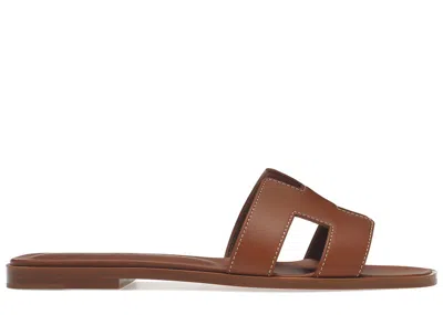 Pre-owned Hermes Women's  Oran Sandal Gold Box Calfskin Leather Sneakers In Brown