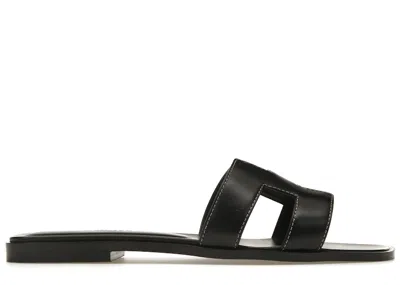 Pre-owned Hermes Women's  Oran Sandal Nior Box Calfskin Leather Sneakers In Black