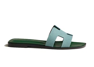 Pre-owned Hermes Women's  Oran Sandal Suede Goatskin Sneakers In Vert D'eau