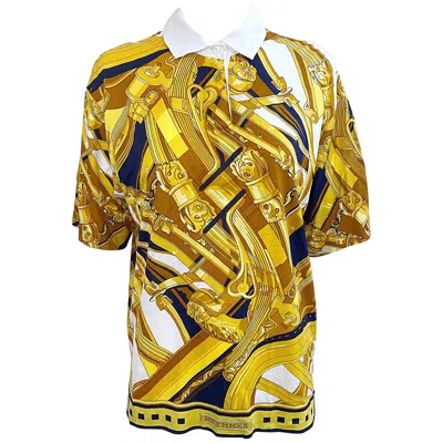 Pre-owned Hermes Women's Xl 1990s Rythmes Gold Navy Nautical Vintage 90s Polo Shirt In Blue