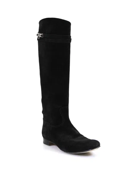 Pre-owned Hermes Womens Black Suede Embellished Flat Knee High Boots Shoes