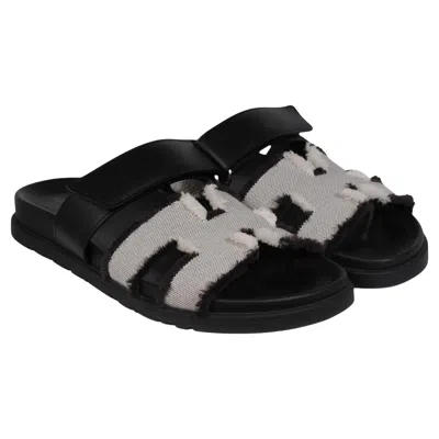 Pre-owned Hermes Womens Chypre Sandal Size Us 7 Eu 37 Fringed Prunoir Black Grey Tan In Gray