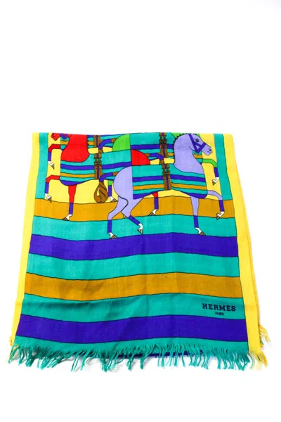 Pre-owned Hermes Womens Striped Equestrian Horse Print Fringe Loop Scarf Multicolor 178cm