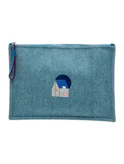 Pre-owned Hermes Wool Les Cabanes Clutch In Blue