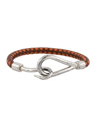 Pre-owned Hermes Woven Leather Jumbo Hook Bracelet, 6.25" In Brown