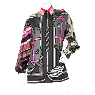 Pre-owned Hermes Hermès X Pierre Péron Horse Riding & Golf Print Silk Button-up Blouse In Black