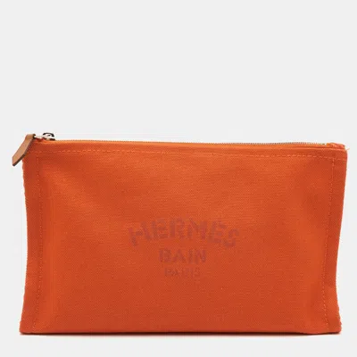 Pre-owned Hermes Yachting Pm Flat Orange Toile Canvas Pouch Clutch Bag