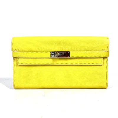 Pre-owned Hermes Yellow Chevre Leather Long Wallet (bi-fold) ()