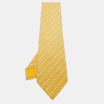 Pre-owned Hermes Hermès Yellow Geometric Print Silk Tie