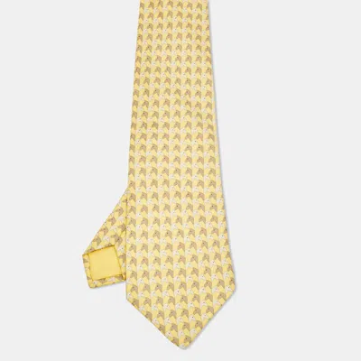 Pre-owned Hermes Yellow Horse Heads Pattern Silk Tie