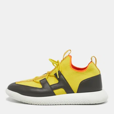 Pre-owned Hermes Yellow Knit Fabric And Leather Duel Athletic Low Top Sneakers Size 43