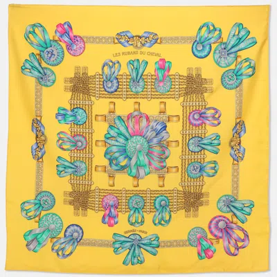 Pre-owned Hermes Hermès Yellow Multicolor Printed Silk Les Rubans Du Cheval Scarf