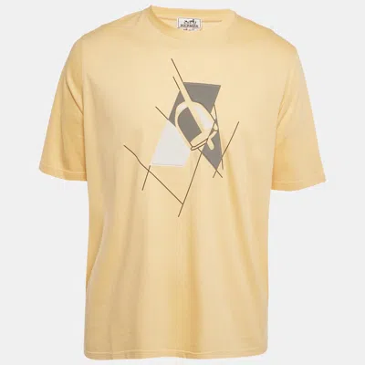Pre-owned Hermes Hermès Yellow Printed Jersey Crewneck T-shirt M