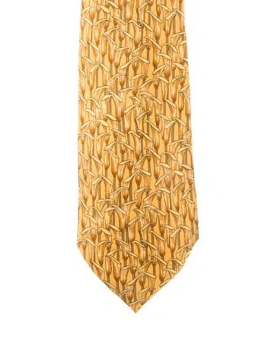 Pre-owned Hermes Yellow Silk Floral Pattern Print Tie