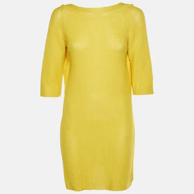 Pre-owned Hermes Yellow Silk Textured Knit Mini Dress S