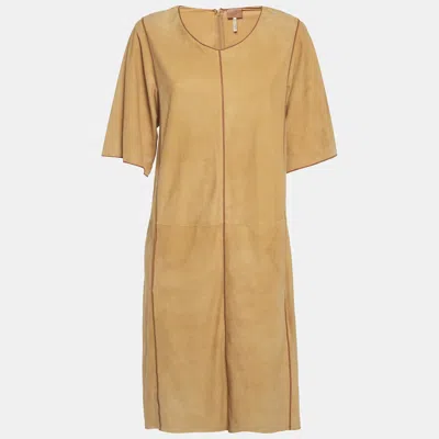 Pre-owned Hermes Yellow Suede Leather Trim Short Dress M