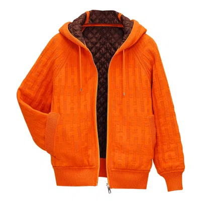 Pre-owned Hermes Zip Cardigan Hoodie Orange Saturne With Brown Quilted Interior 40